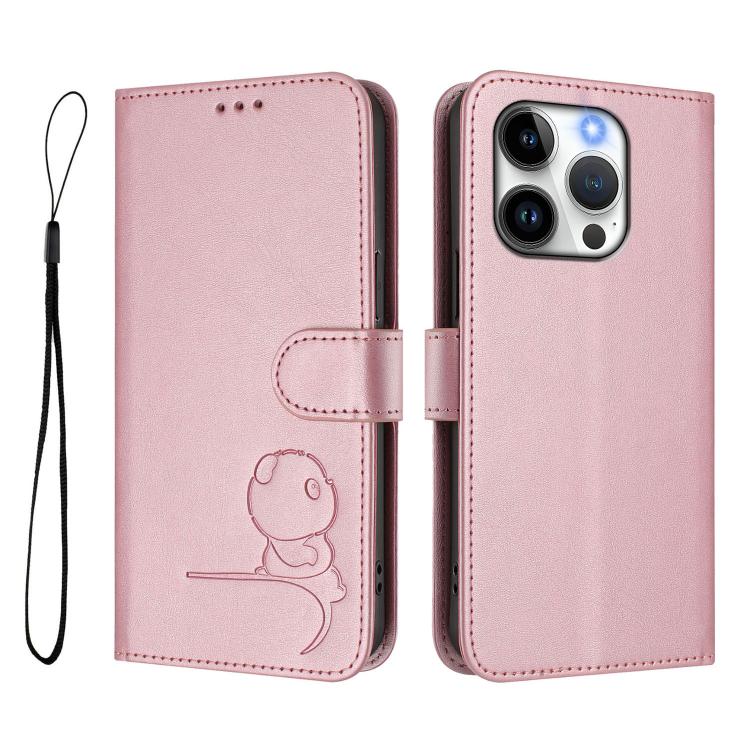 For iPhone 15 Pro Litter Panda Embossing RFID Leather Phone Case with Lanyard