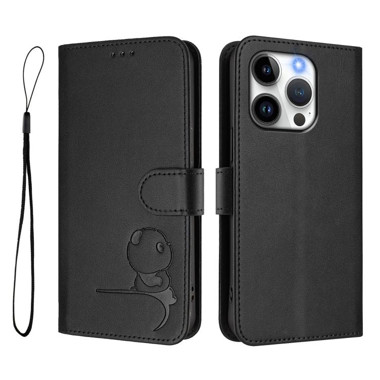 For iPhone 15 Pro Litter Panda Embossing RFID Leather Phone Case with Lanyard