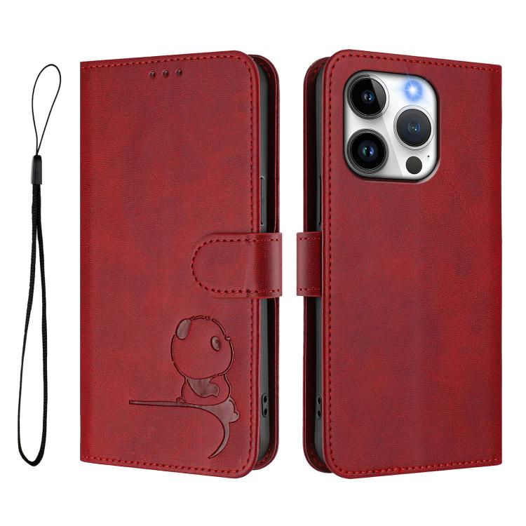 For iPhone 15 Pro Litter Panda Embossing RFID Leather Phone Case with Lanyard