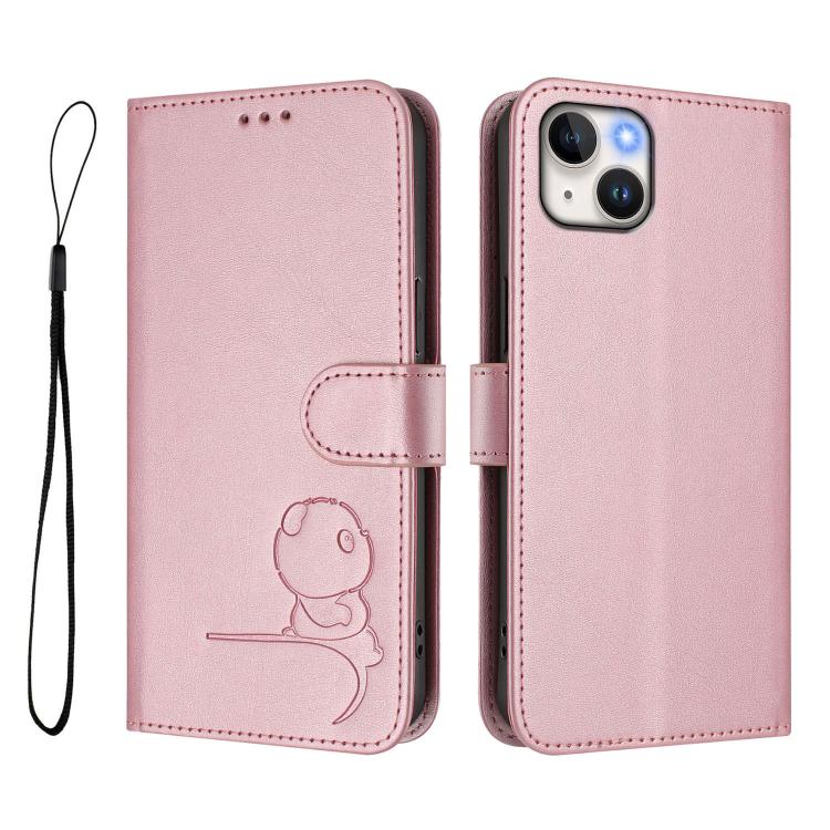 For iPhone 15 Plus Litter Panda Embossing RFID Leather Phone Case with Lanyard