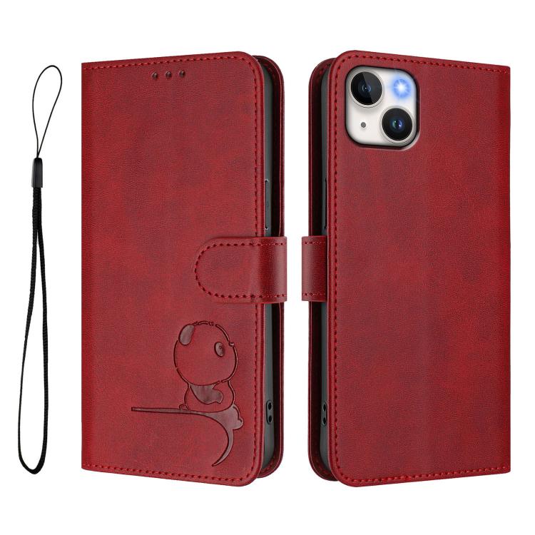 For iPhone 15 Plus Litter Panda Embossing RFID Leather Phone Case with Lanyard
