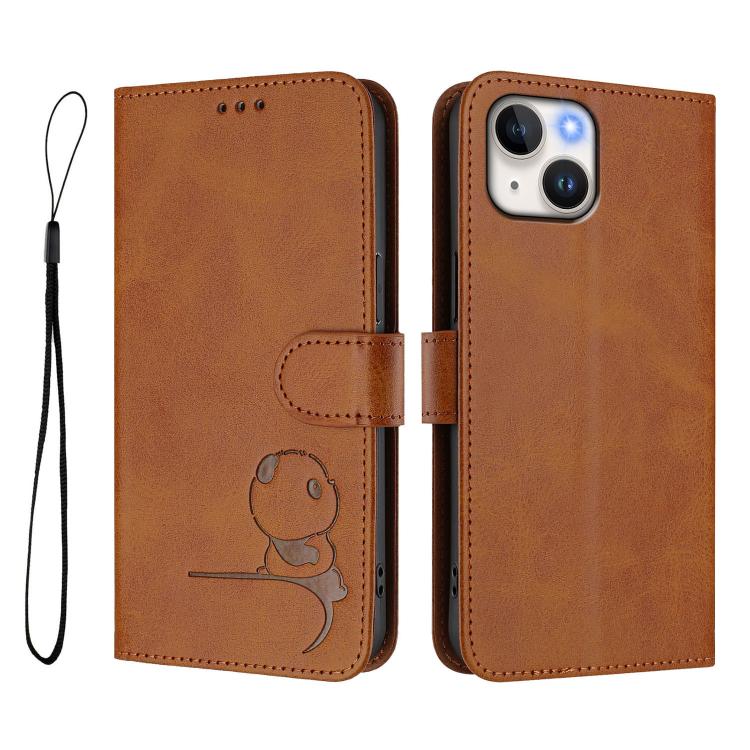 For iPhone 15 Litter Panda Embossing RFID Leather Phone Case with Lanyard