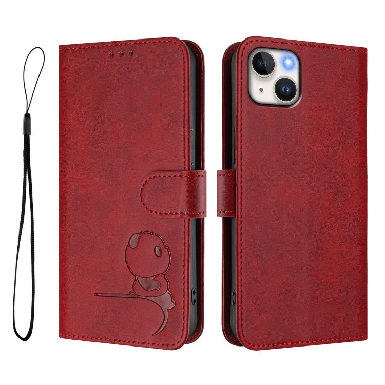 For iPhone 14 Plus Litter Panda Embossing RFID Leather Phone Case with Lanyard