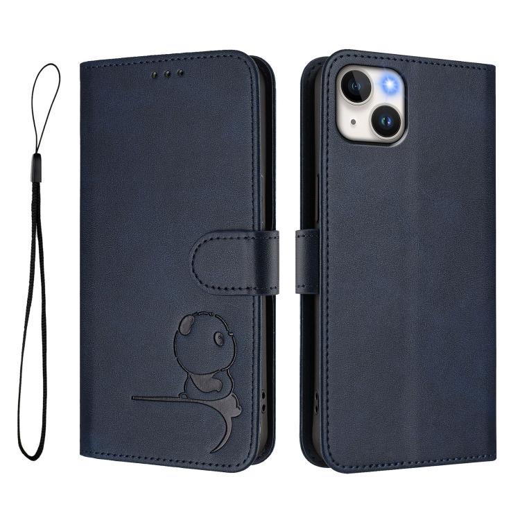 For iPhone 14 Plus Litter Panda Embossing RFID Leather Phone Case with Lanyard