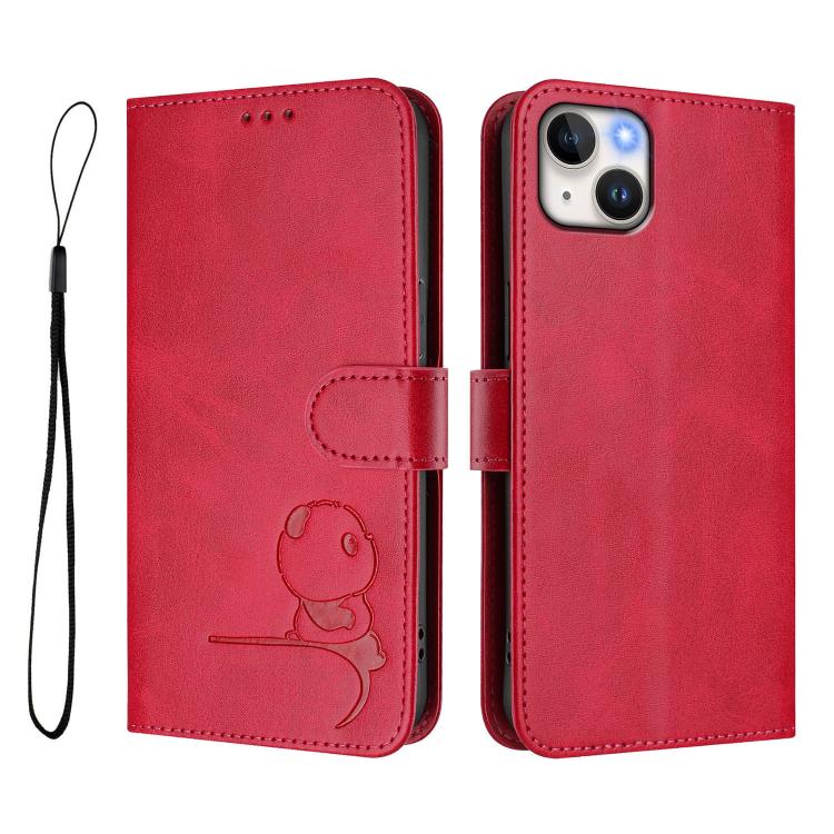 For iPhone 14 Plus Litter Panda Embossing RFID Leather Phone Case with Lanyard