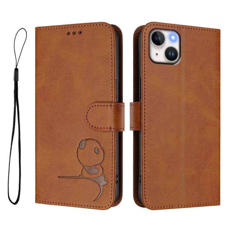For iPhone 14 Plus Litter Panda Embossing RFID Leather Phone Case with Lanyard