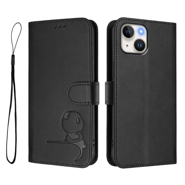 For iPhone 14 / 13 Litter Panda Embossing RFID Leather Phone Case with Lanyard