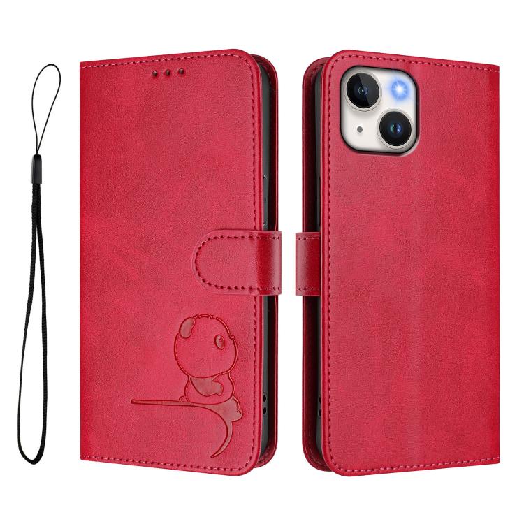 For iPhone 14 / 13 Litter Panda Embossing RFID Leather Phone Case with Lanyard
