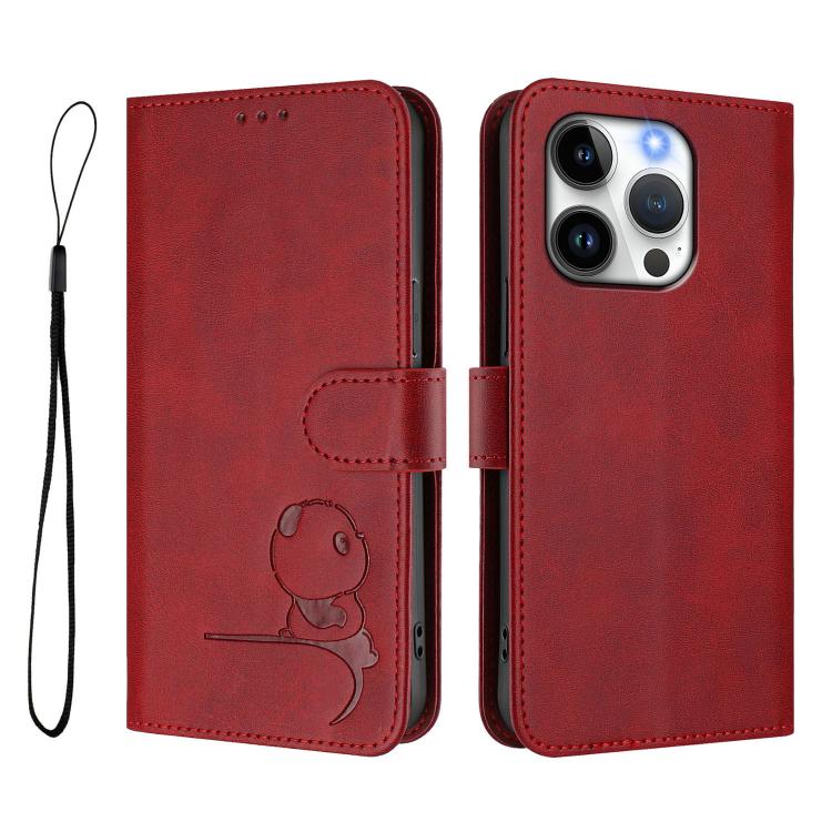 For iPhone 14 Pro Litter Panda Embossing RFID Leather Phone Case with Lanyard
