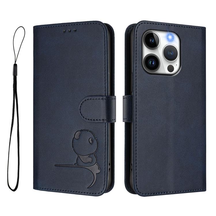 For iPhone 14 Pro Litter Panda Embossing RFID Leather Phone Case with Lanyard