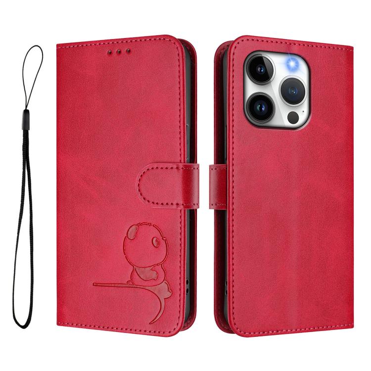 For iPhone 14 Pro Litter Panda Embossing RFID Leather Phone Case with Lanyard