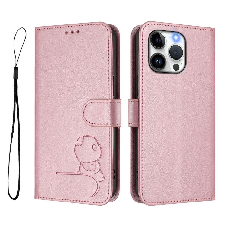 For iPhone 14 Pro Max Litter Panda Embossing RFID Leather Phone Case with Lanyard