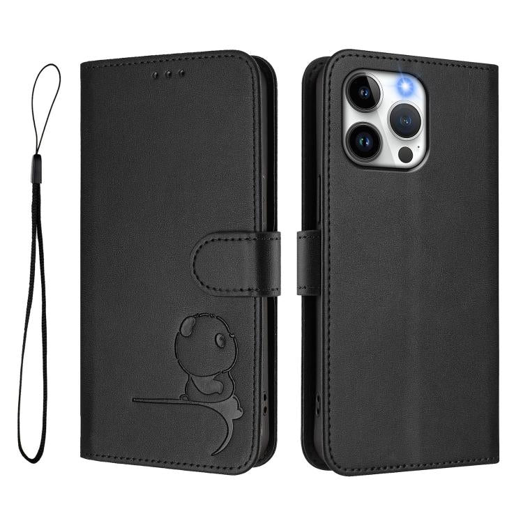 For iPhone 14 Pro Max Litter Panda Embossing RFID Leather Phone Case with Lanyard