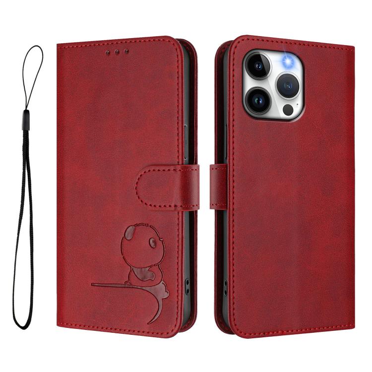 For iPhone 14 Pro Max Litter Panda Embossing RFID Leather Phone Case with Lanyard