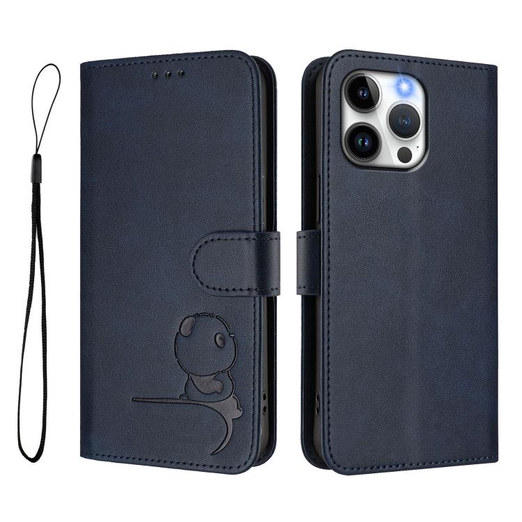 For iPhone 14 Pro Max Litter Panda Embossing RFID Leather Phone Case with Lanyard