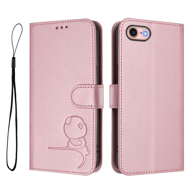 For iPhone SE 2022 / 2020 / 8 / 7 Litter Panda Embossing RFID Leather Phone Case with Lanyard