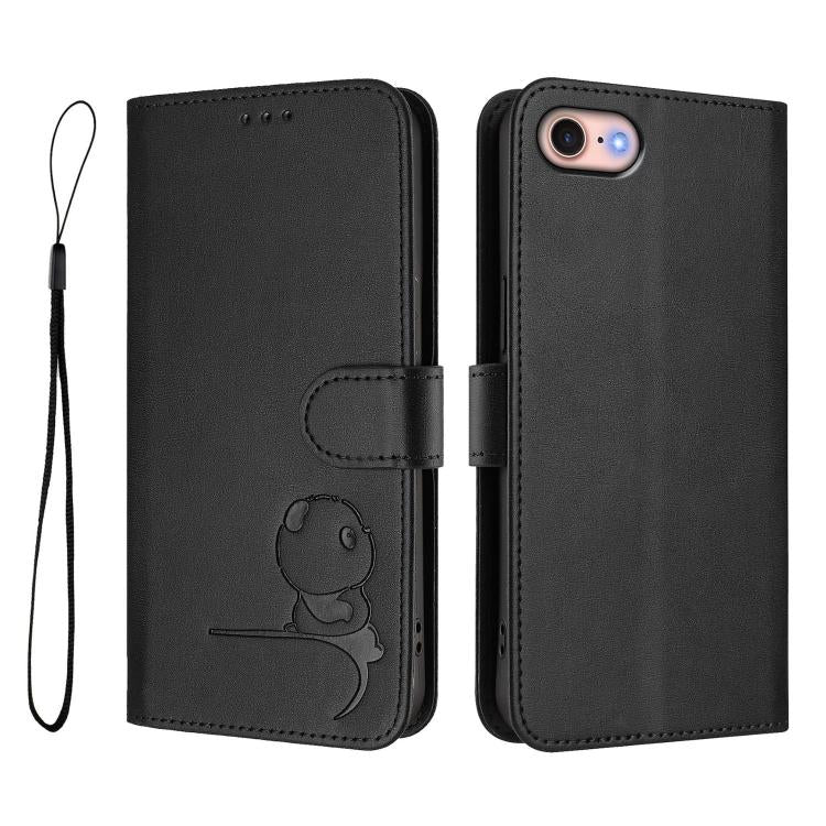 For iPhone SE 2022 / 2020 / 8 / 7 Litter Panda Embossing RFID Leather Phone Case with Lanyard