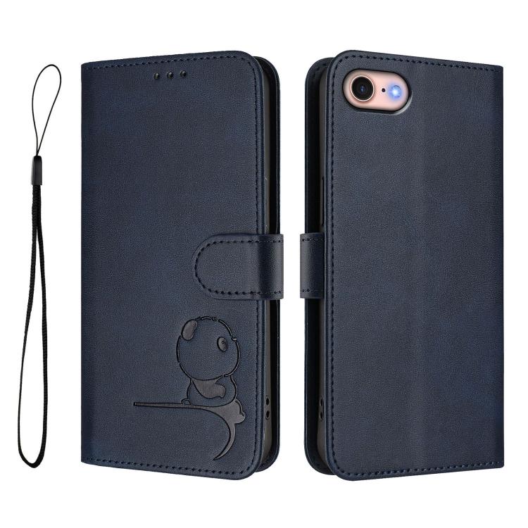 For iPhone SE 2022 / 2020 / 8 / 7 Litter Panda Embossing RFID Leather Phone Case with Lanyard