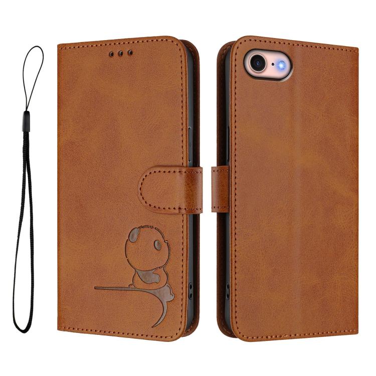 For iPhone SE 2022 / 2020 / 8 / 7 Litter Panda Embossing RFID Leather Phone Case with Lanyard