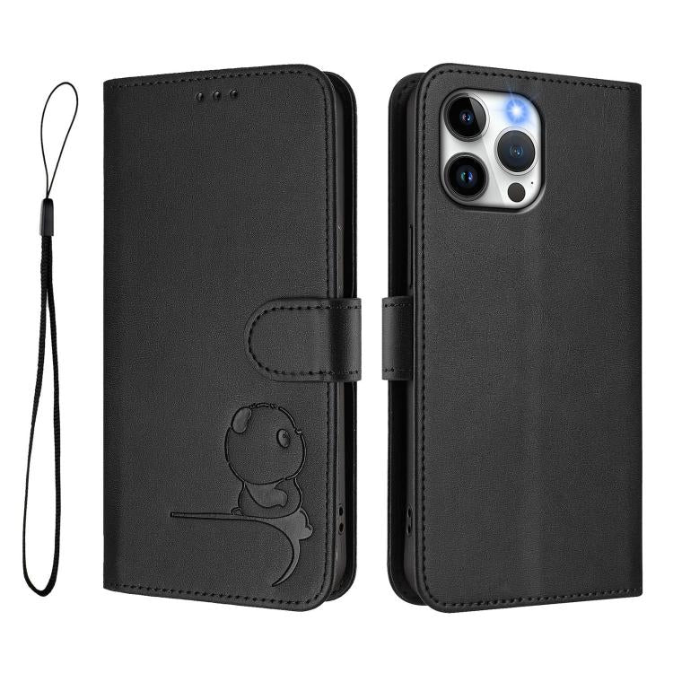 For iPhone 13 Pro Max Litter Panda Embossing RFID Leather Phone Case with Lanyard