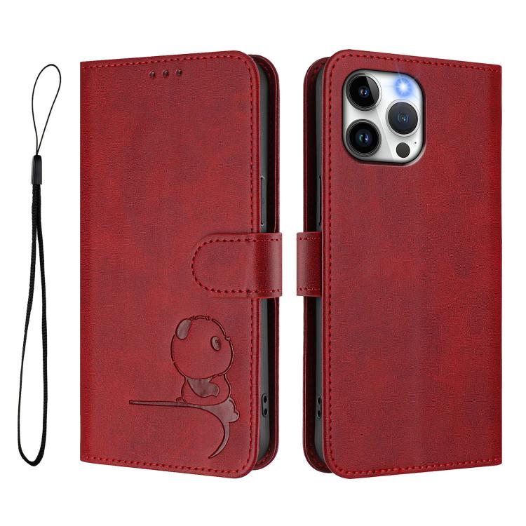 For iPhone 13 Pro Max Litter Panda Embossing RFID Leather Phone Case with Lanyard