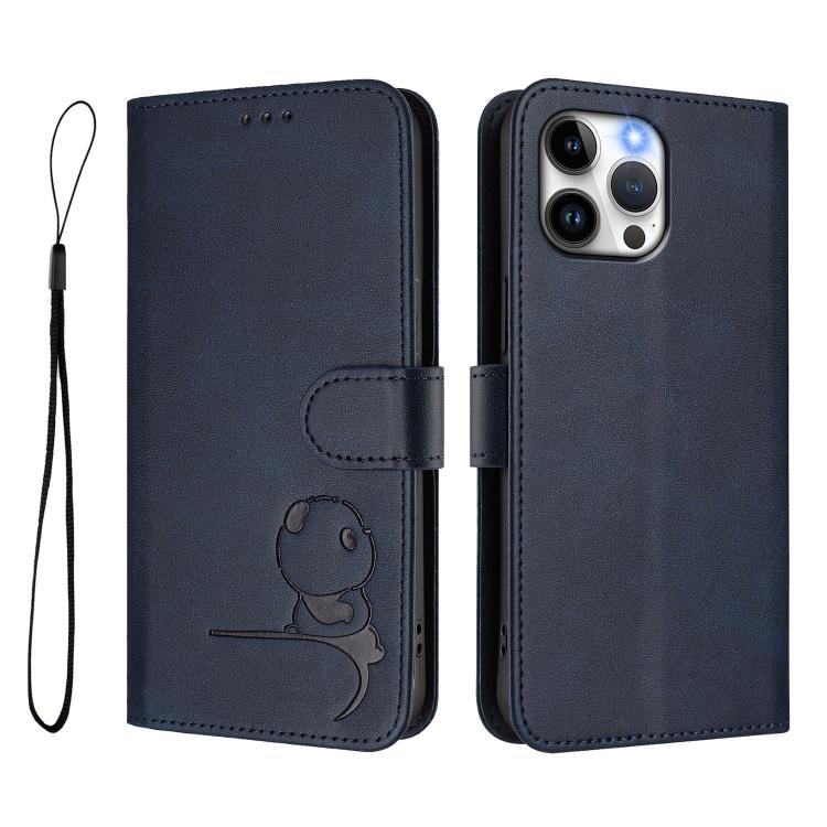 For iPhone 13 Pro Max Litter Panda Embossing RFID Leather Phone Case with Lanyard