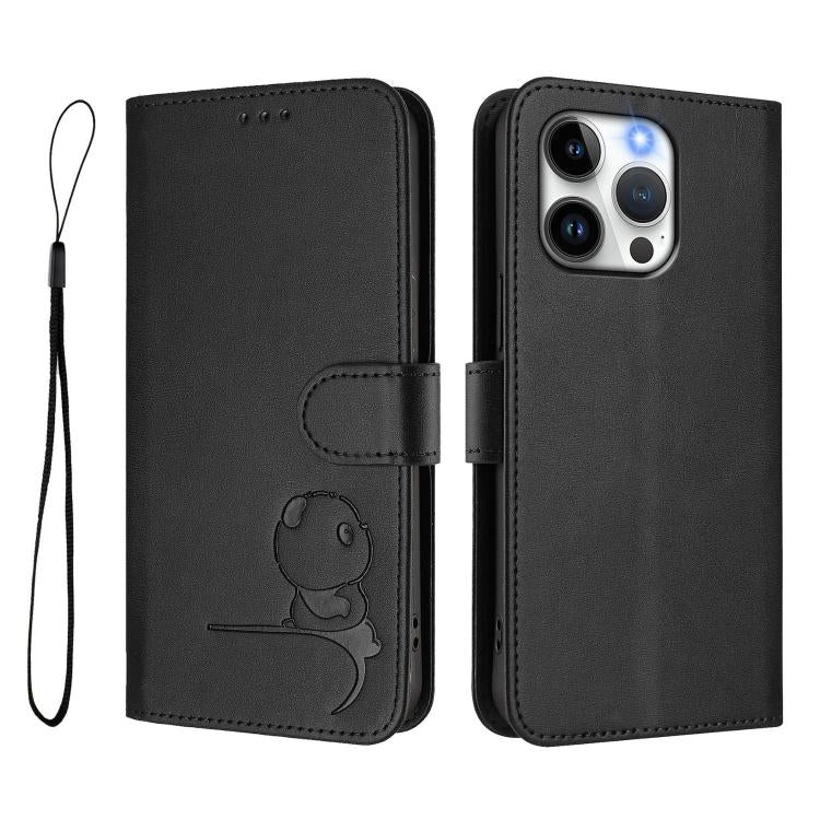 For iPhone 13 Pro Litter Panda Embossing RFID Leather Phone Case with Lanyard