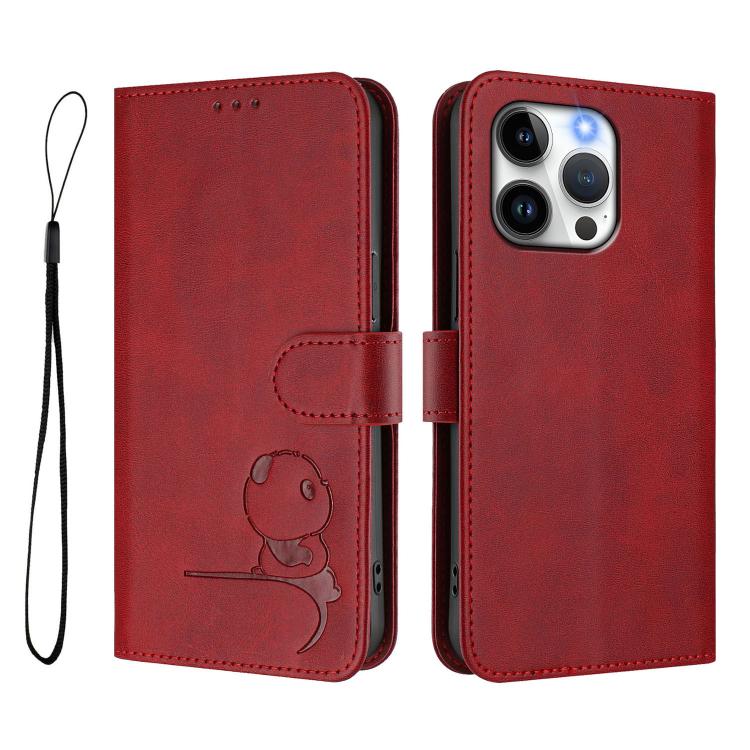 For iPhone 13 Pro Litter Panda Embossing RFID Leather Phone Case with Lanyard