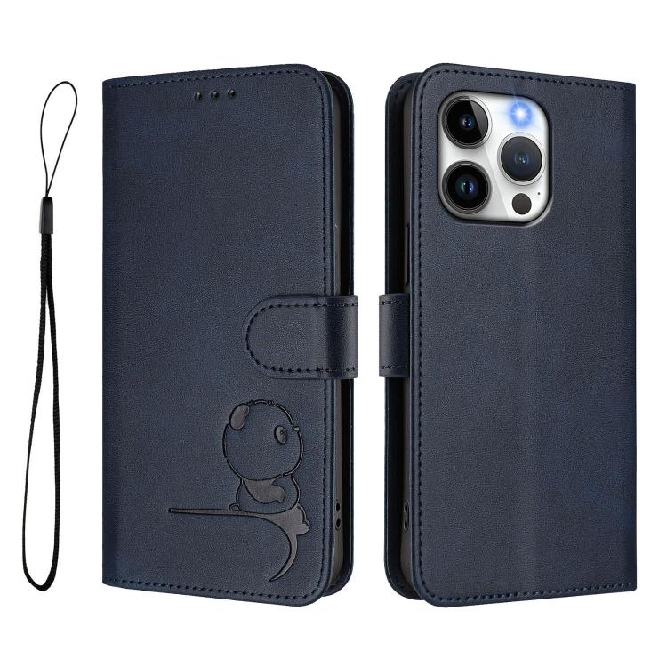 For iPhone 13 Pro Litter Panda Embossing RFID Leather Phone Case with Lanyard