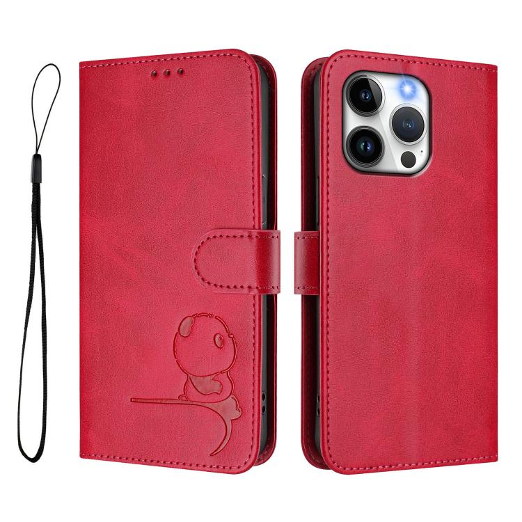 For iPhone 13 Pro Litter Panda Embossing RFID Leather Phone Case with Lanyard