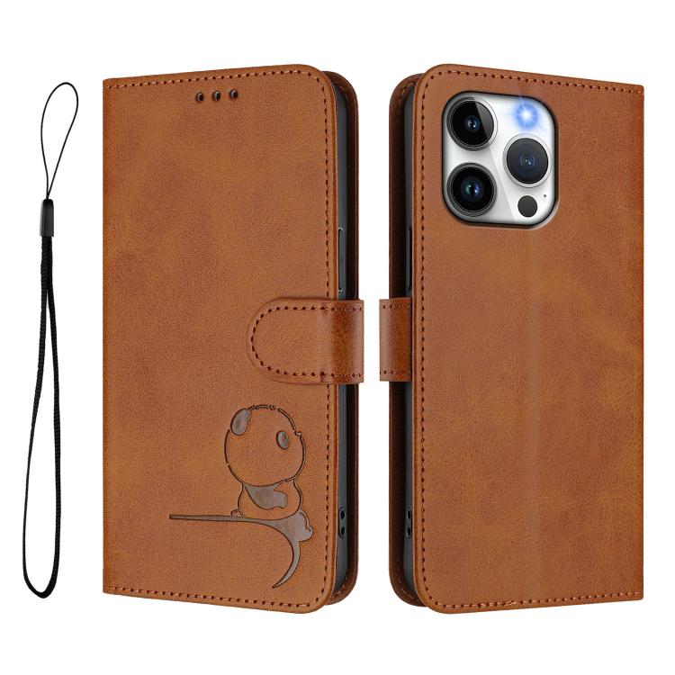 For iPhone 13 Pro Litter Panda Embossing RFID Leather Phone Case with Lanyard