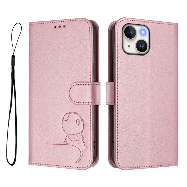 For iPhone 13 mini Litter Panda Embossing RFID Leather Phone Case with Lanyard