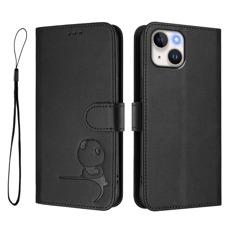For iPhone 13 mini Litter Panda Embossing RFID Leather Phone Case with Lanyard