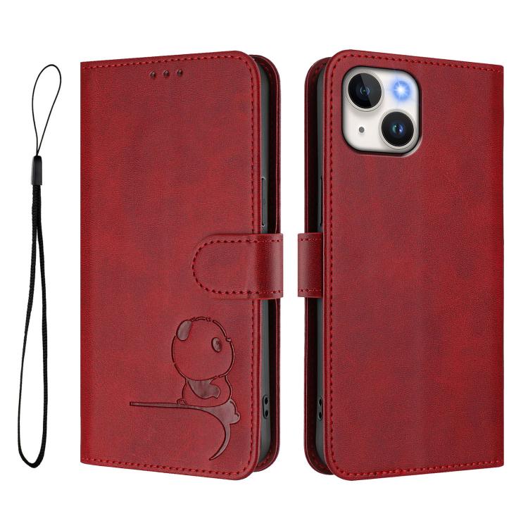 For iPhone 13 mini Litter Panda Embossing RFID Leather Phone Case with Lanyard