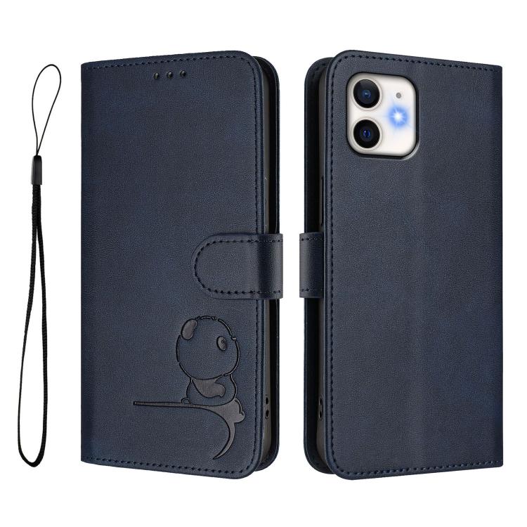 For iPhone 12 / 12 Pro Litter Panda Embossing RFID Leather Phone Case with Lanyard
