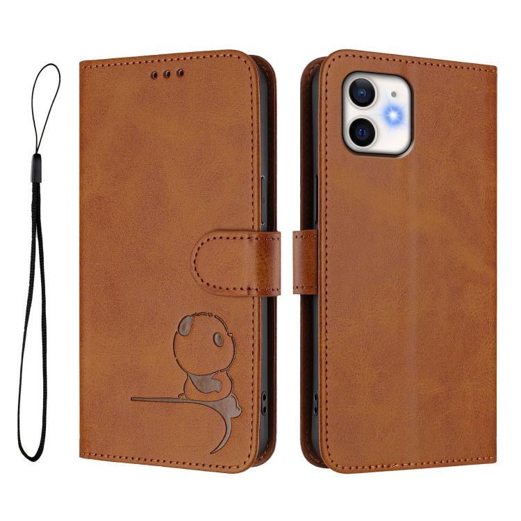 For iPhone 12 / 12 Pro Litter Panda Embossing RFID Leather Phone Case with Lanyard