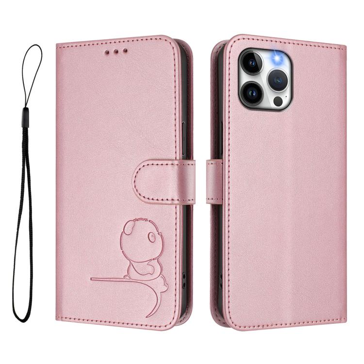 For iPhone 12 Pro Max Litter Panda Embossing RFID Leather Phone Case with Lanyard