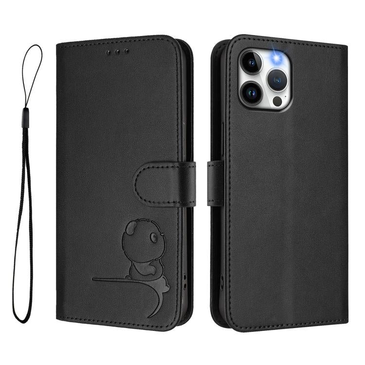 For iPhone 12 Pro Max Litter Panda Embossing RFID Leather Phone Case with Lanyard