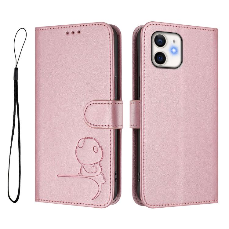 For iPhone 12 mini Litter Panda Embossing RFID Leather Phone Case with Lanyard