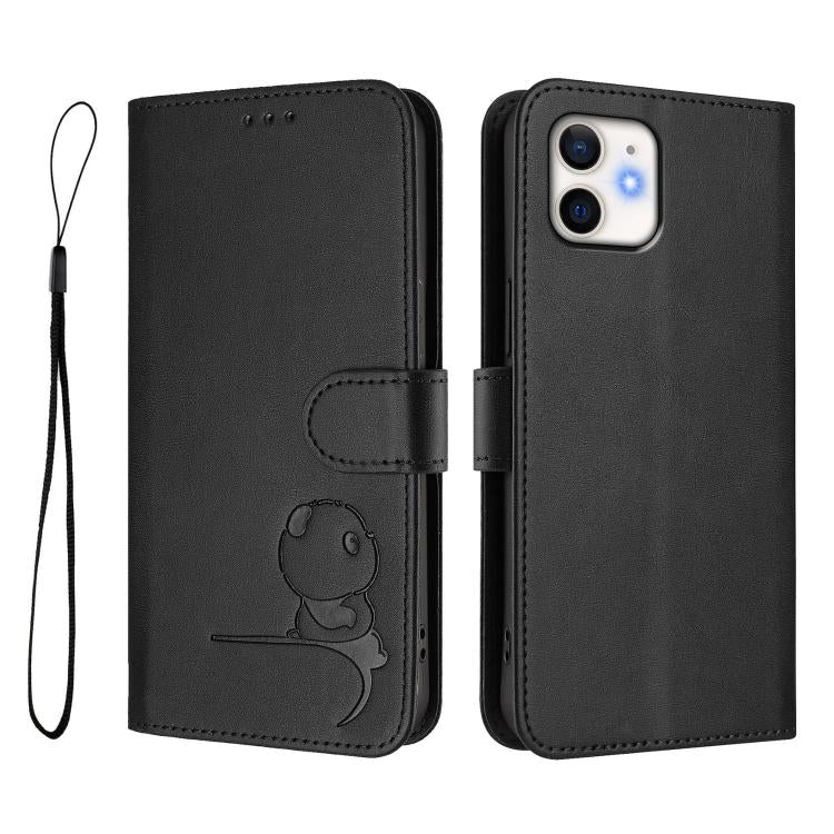 For iPhone 12 mini Litter Panda Embossing RFID Leather Phone Case with Lanyard