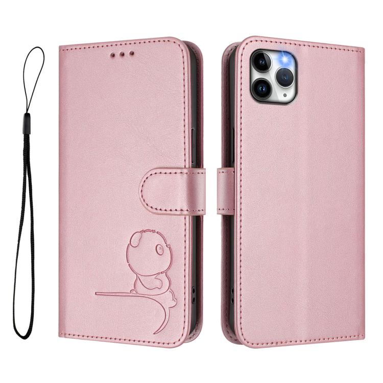 For iPhone 11 Pro Max Litter Panda Embossing RFID Leather Phone Case with Lanyard