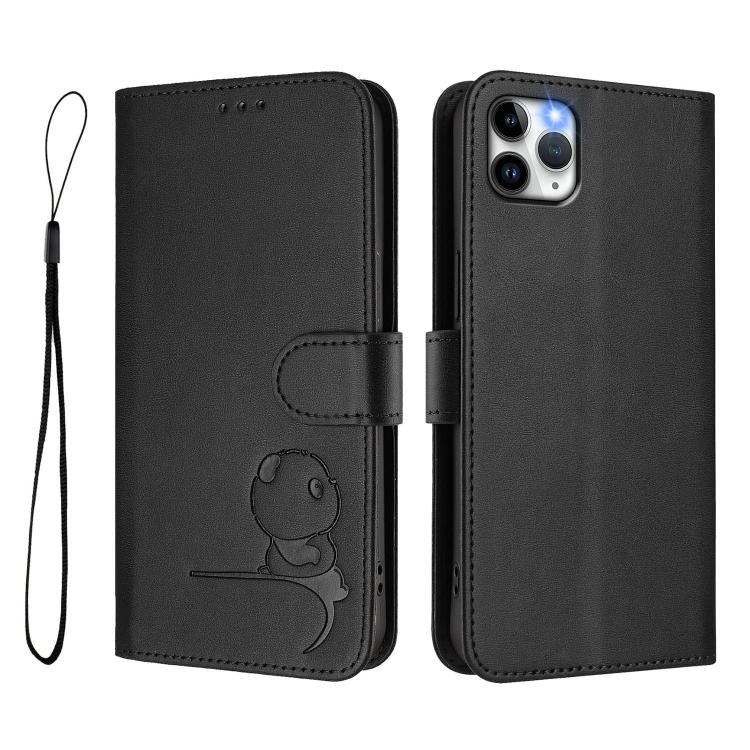 For iPhone 11 Pro Max Litter Panda Embossing RFID Leather Phone Case with Lanyard