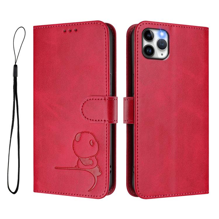 For iPhone 11 Pro Max Litter Panda Embossing RFID Leather Phone Case with Lanyard