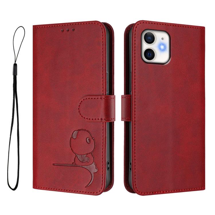 For iPhone 11 Litter Panda Embossing RFID Leather Phone Case with Lanyard
