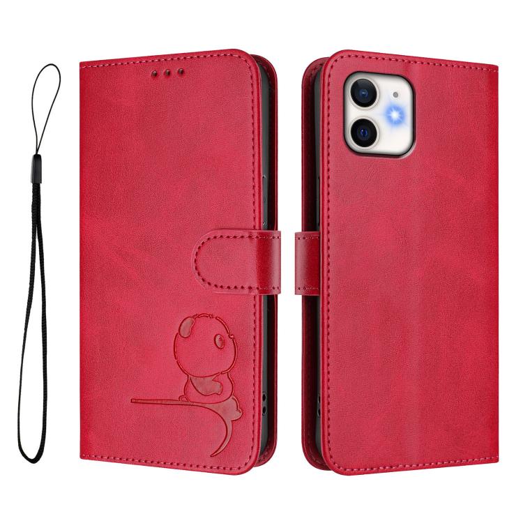 For iPhone 11 Litter Panda Embossing RFID Leather Phone Case with Lanyard