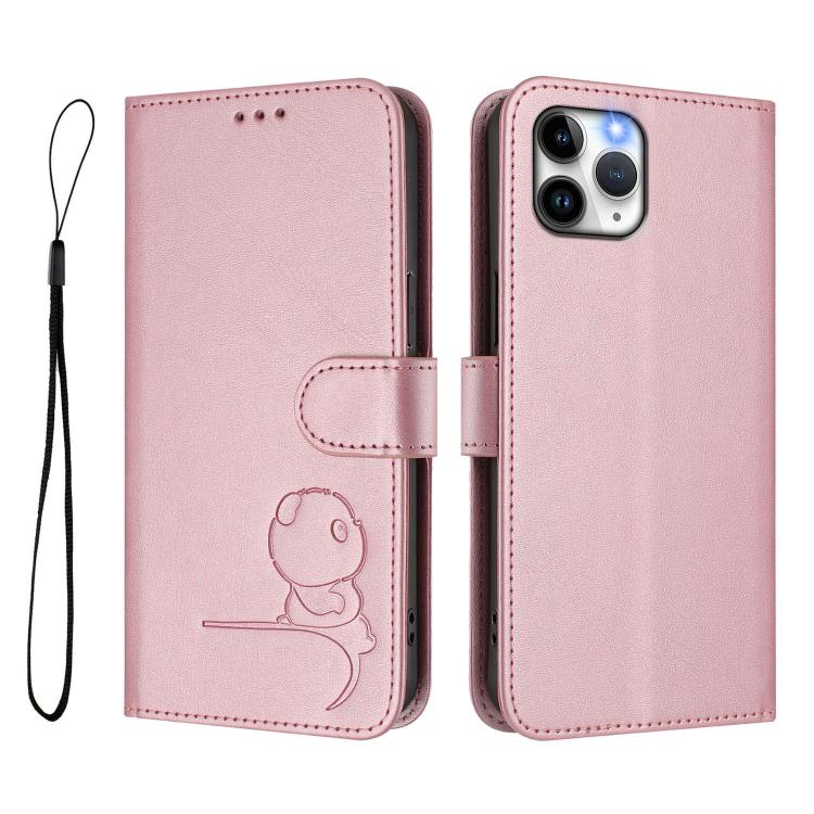 For iPhone 11 Pro Litter Panda Embossing RFID Leather Phone Case with Lanyard
