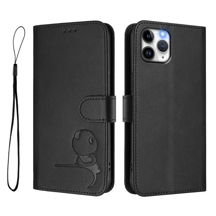 For iPhone 11 Pro Litter Panda Embossing RFID Leather Phone Case with Lanyard