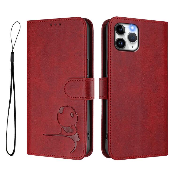 For iPhone 11 Pro Litter Panda Embossing RFID Leather Phone Case with Lanyard