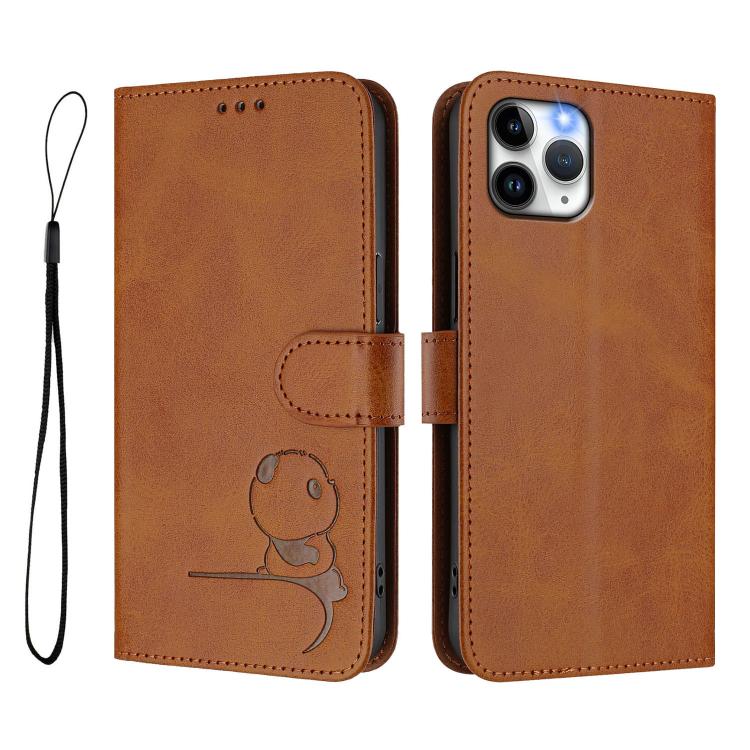 For iPhone 11 Pro Litter Panda Embossing RFID Leather Phone Case with Lanyard