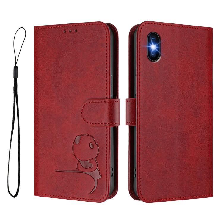 For iPhone X / XS Litter Panda Embossing RFID Leather Phone Case with Lanyard